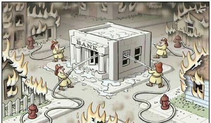 Toute la ville brûle et les pompiers essayent d'éteindre la banque avant les vraies personnes